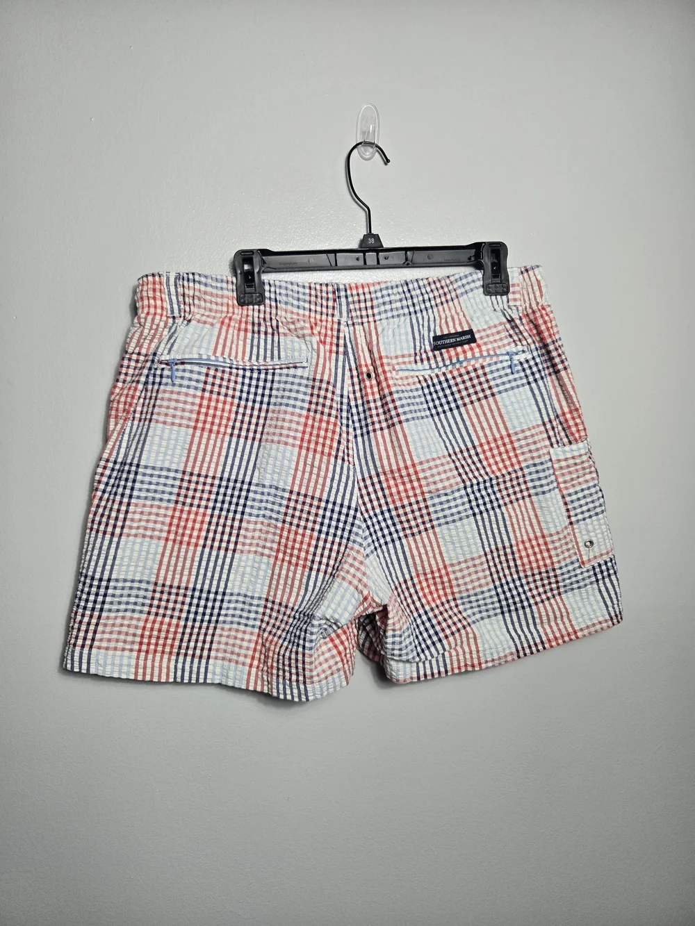 Southern Marsh Mens Seersucker Plaid Swim Trunks Red Blue Mesh Lined Short Large
